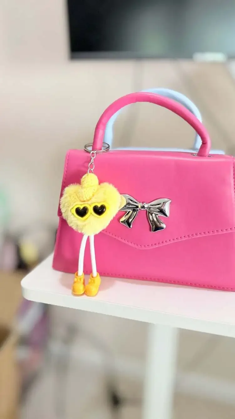 OMG Accessories Pink Angled Flap Crossbody Bag with Bow Detail and Furry Heart C